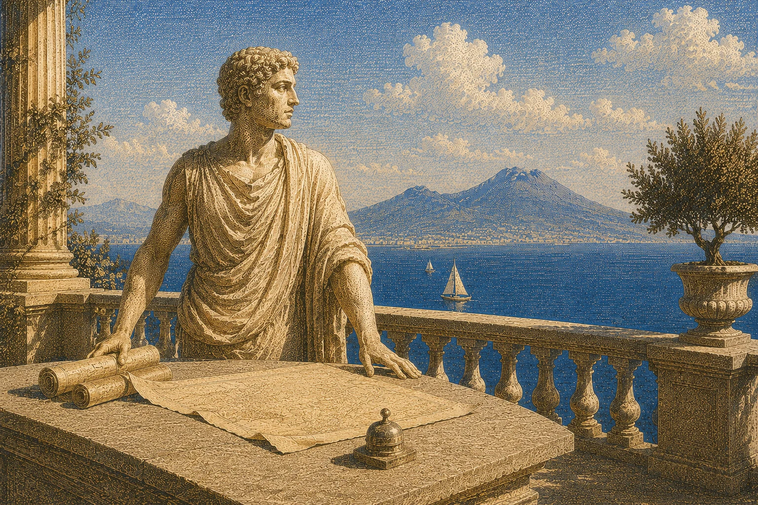 Classical figure studying a map beside the Mediterranean