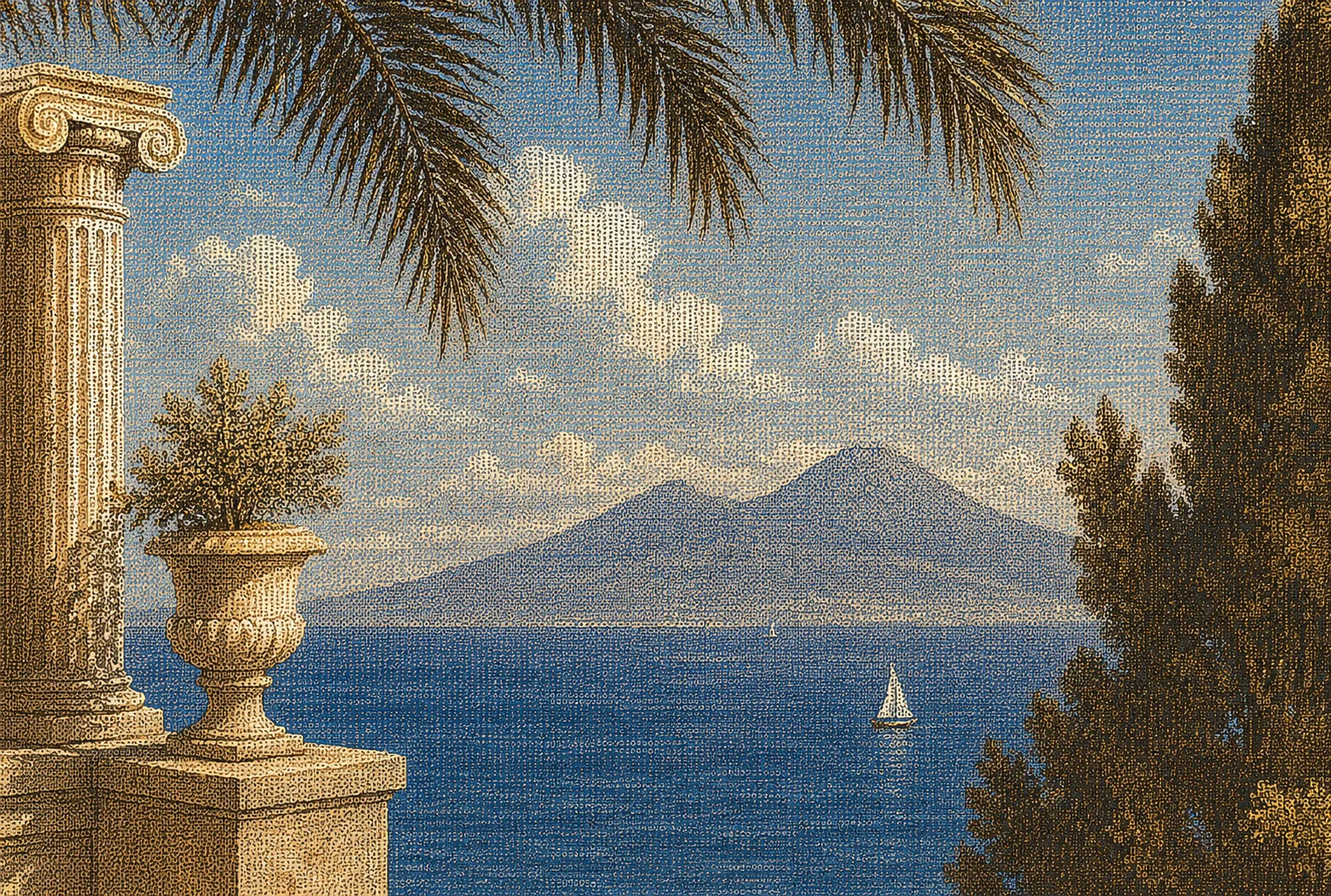 Mediterranean landscape framed by columns, palms and Mount Vesuvius